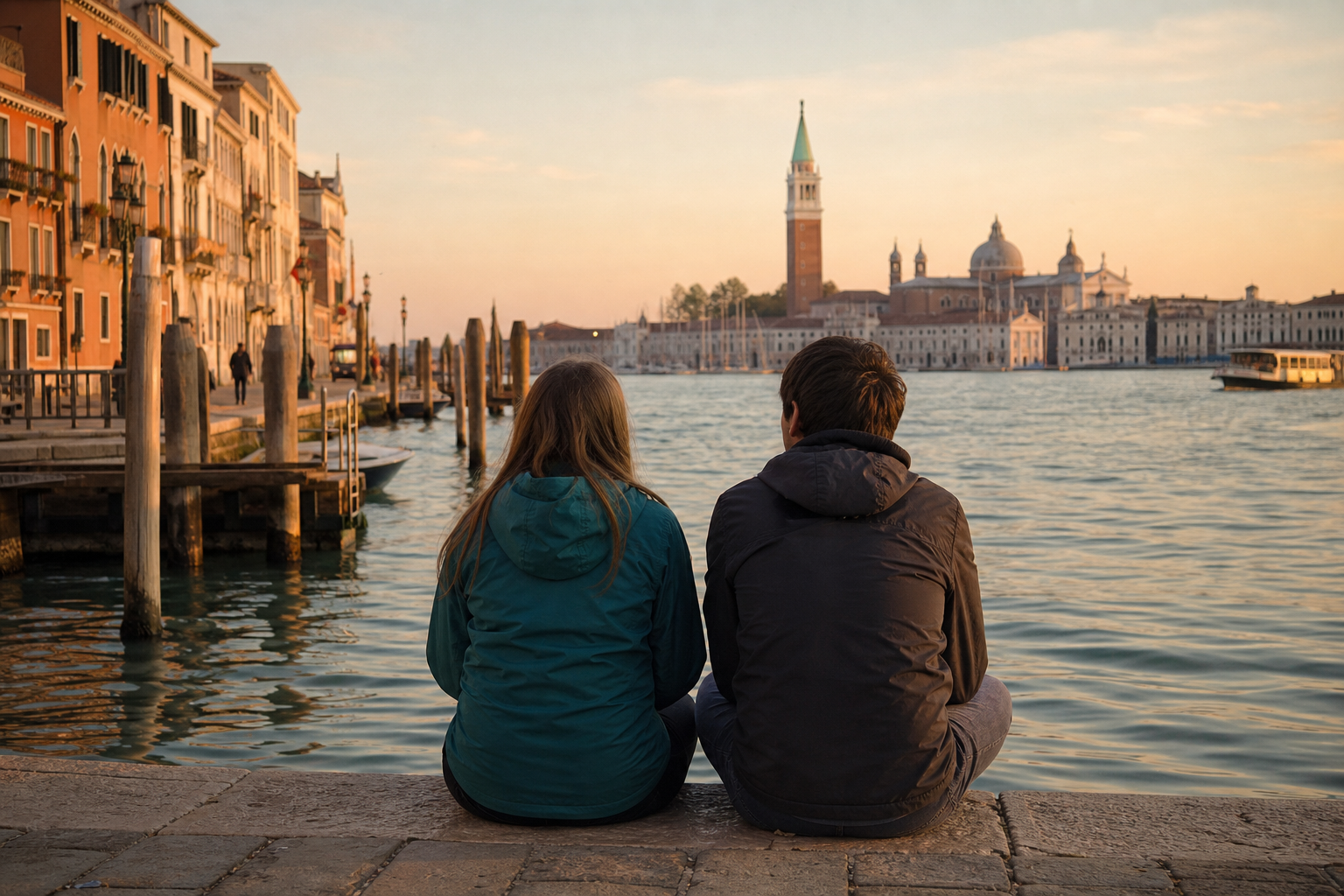 Wir sitzen von hinten am Canalrand in Dorsoduro und schauen über die Lagune Richtung San Marco